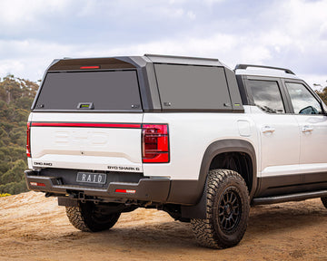 ironman 4x4 raid aluminium ute canopy in black - tradie pack with aluminium panels for byd shark 6 closeup